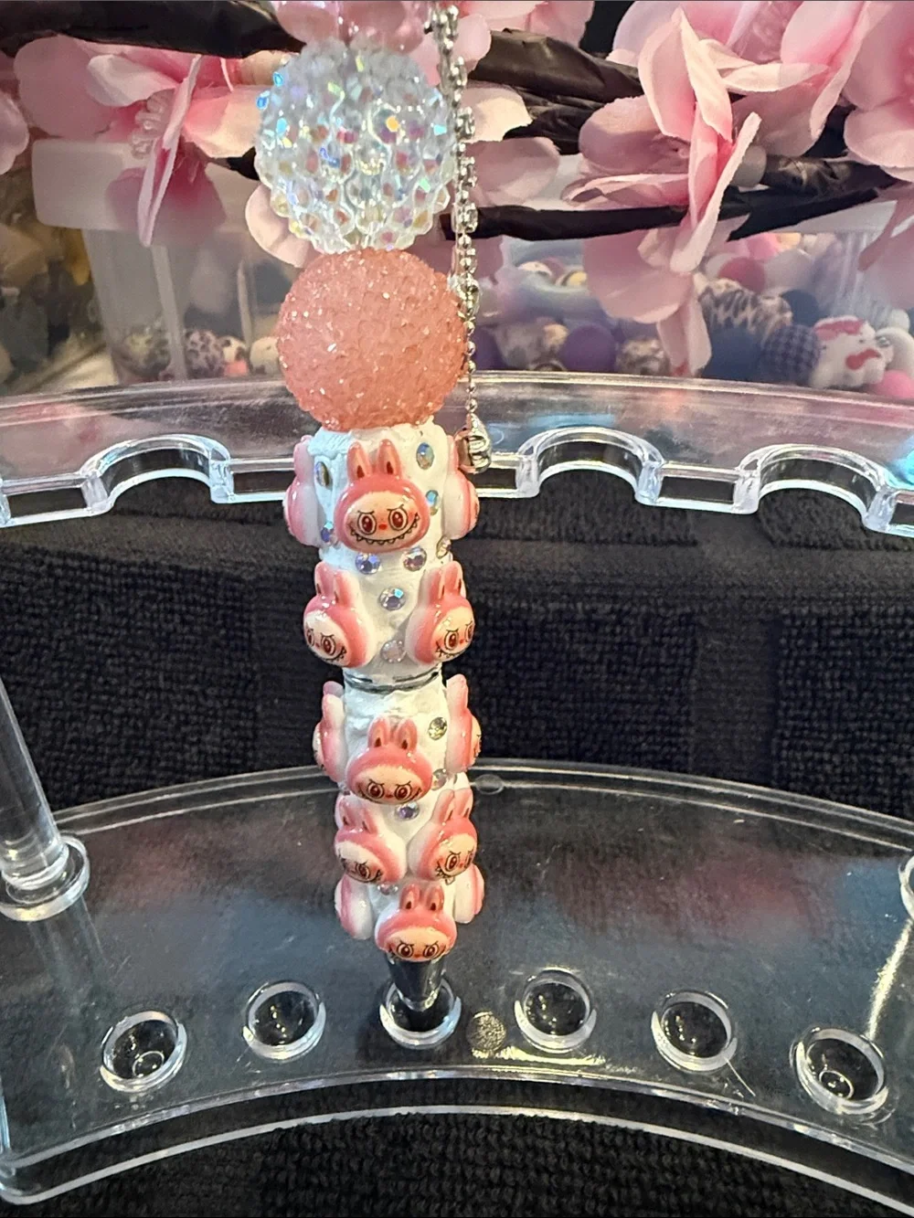 Handmade Pink Bunny Beaded Charm Keychain